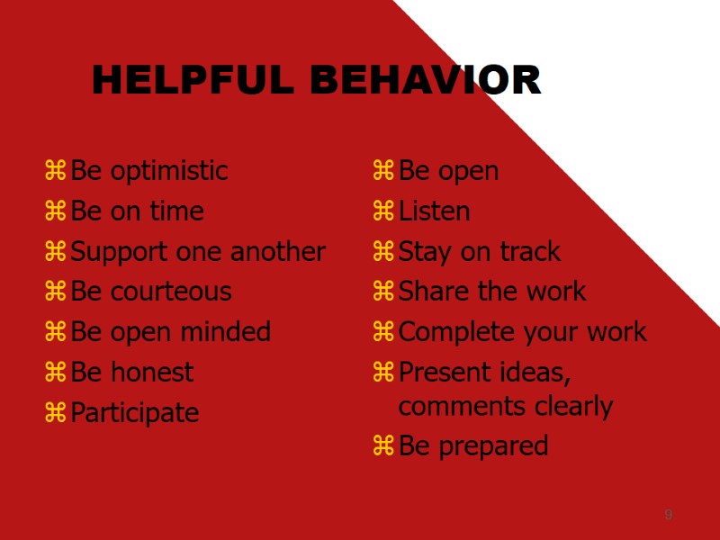 9 HELPFUL BEHAVIOR Be optimistic Be on time Support one another Be courteous Be